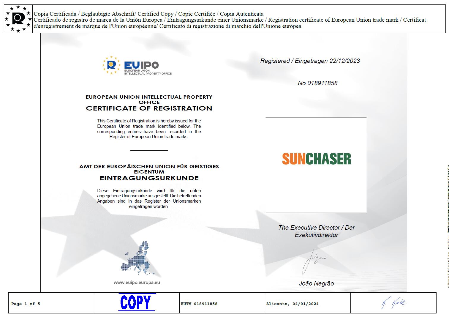 TIANTECH SOLAR GROUP đã đăng ký thành công nhãn hiệu SUNCHASER tại Châu Âu.